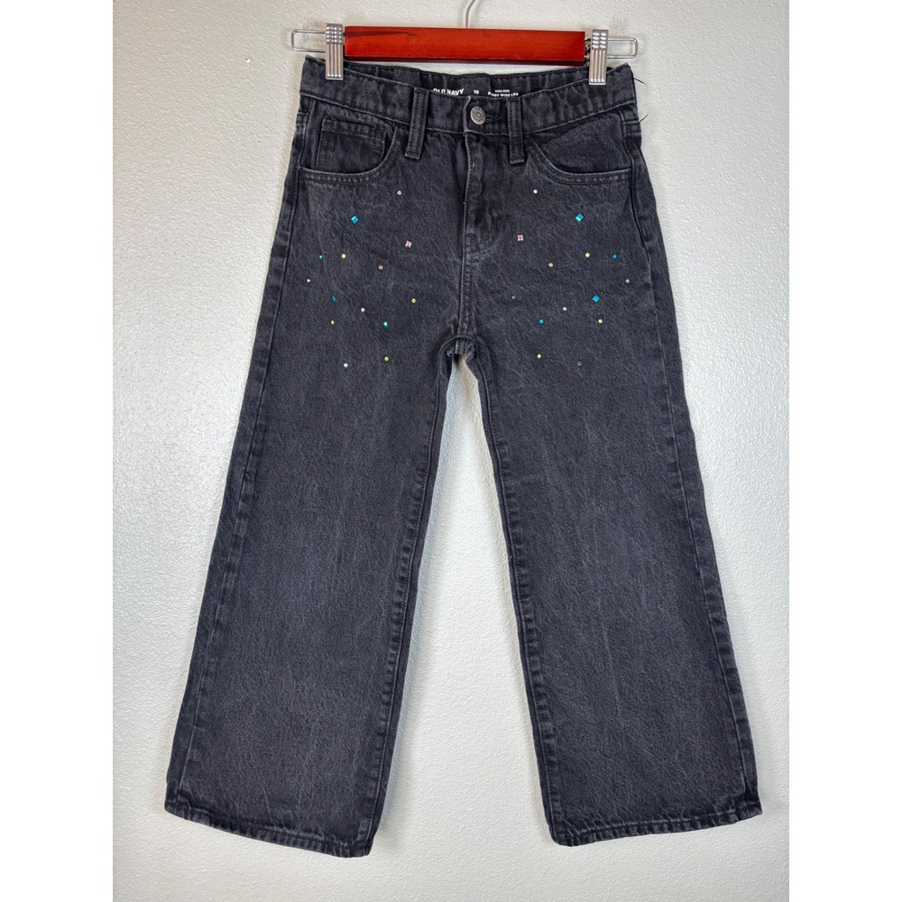 Old Navy Kids Girls Sz‎ 10 Black Wide Leg Jeans Rhinestone Embellished High Rise